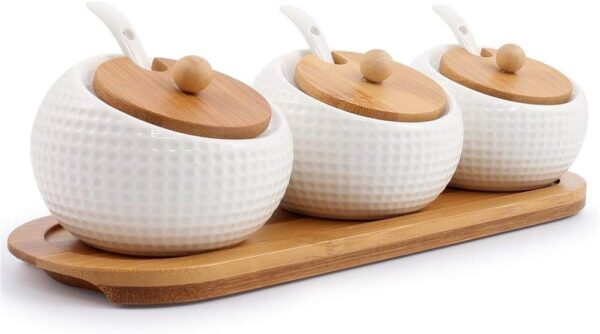 Porcelain Condiment Jar Spice Container with Lids - Bamboo Cap Holder Spot, Ceramic Serving Spoon, Wooden Tray Best Pottery Cruet Pot for Your Home, Kitchen, Counter. White,170 ML (5.8 OZ), Set of 3